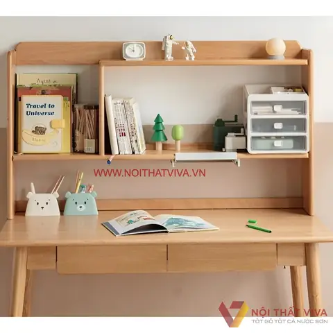 Bàn Học Sinh Liền Giá Sách Gỗ Tự Nhiên: Mẫu Đẹp, Bền & Tiện Lợi Cho Bé
